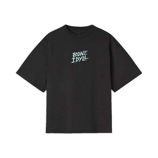 Bone Idyll black oversized T-shirt, front, teal logo on chest