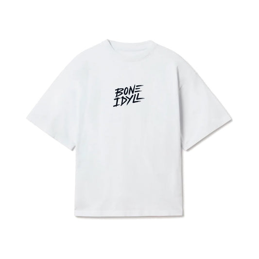 Bone Idyll white oversized T-shirt, front, black logo on chest